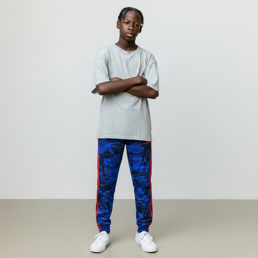Adidas Joggers Kids Size L 14/16 Blue Black Wave Graphic AK5808 3-Stripe Pants